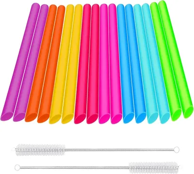 Productafbeelding van Bubble Tea Rietjes - Set van 16 - 10x260mm met Reinigingsborstel - Herbruikbare