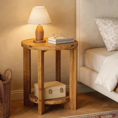 Image de Table d'appoint ronde en bois massif, style rustique, à 2 niveaux. Petite table de chevet en bois avec espace de rangement, idéale pour le salon ou la chambre, en bois naturel