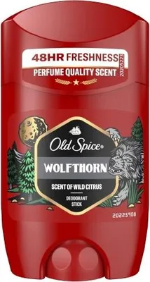 A red Old Spice Wolfthorn deodorant stick with a wolf graphic and text.
