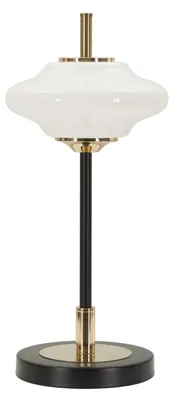 Produktbild von Vintage Tischleuchte aus schwarzem Eisen und Gold mit Diffusor aus weißem Opalglas