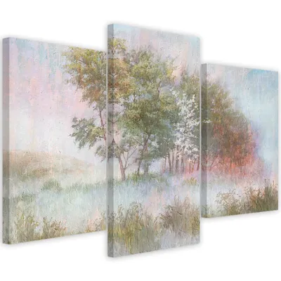 Produktbild von Triptychon auf leinwand bäume auf einer nebligen wiese 150x100 cm Feeby grün wandbild bereit zum aufhängen
