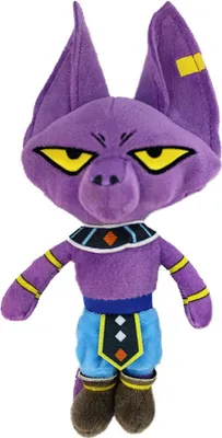A plush toy of the character Beerus from Dragon Ball, standing against a white background.