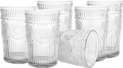 Zdjęcie produktu dla Cheffinger, zestaw szklanek 400 ml 6-częściowy w stylu vintage z motywem kwiatu lilii, teksturowany, przezroczysty