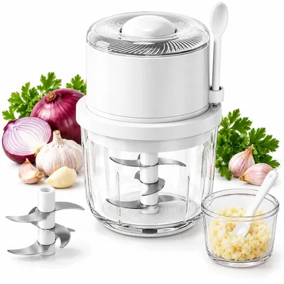 Produktbild von Elektrischer Knoblauchzerkleinerer 350 ml, kabellos, 6-Klingen, mit dickwandigem Glasbehälter, Mini-Zerkleinerer für Knoblauch, Zwiebeln, Ingwer & Nüsse
