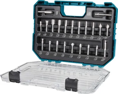 A set of wood router bits in a teal and clear plastic case.