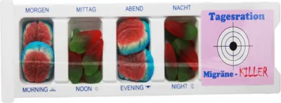 Produktbild von Tablettenbox Migräne Killer gefüllt mit Fruchtgummi Scherzartikel 25g