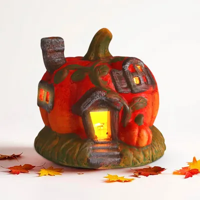 Immagine prodotto di Zucca a LED in argilla con timer a batteria - 12 cm - decorazione autunnale zucca decorativa in gres illuminata bianco caldo