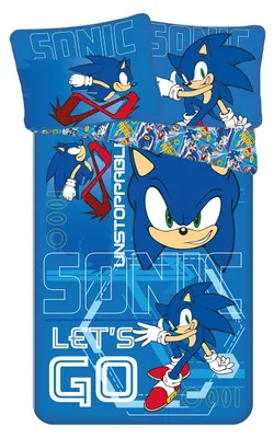 Zdjęcie produktu dla Pościel dziecięca Sonic the Hedgehog, niebieski motyw "Let's Go!" i Unstoppable, kołdra 140 x 200 cm + poduszka 70 x 90 cm, 100% bawełna