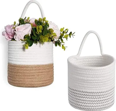 Produktbild von Hängender gewebter Wandkorb - Aufbewahrungskorb für zu Hause - Pflanzen- und Spielzeugorganizer - Set von 2 (18 x 19 cm)