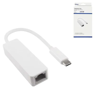 Produktbild von DINIC Adapter USB C Stecker / RJ45 Gbit LAN, weiß, 10/100/1000 Mbps mit Auto-Erkennung, 0,2m