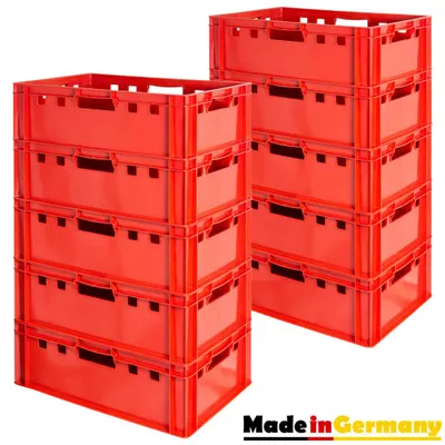 2 Türme aus je 5x Euro-Plastikkiste E2, rot, mit Griff auf jeder Seite, made in EU