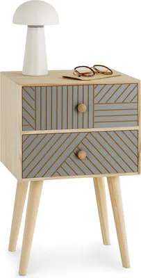 Produktbild von Nachttisch PELO mit 2 Schubladen natur/grau - Nachtkasten mit Ziernuten im Boho Stil, Nachtkommode aus Paulownia-Holz