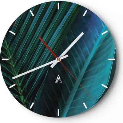 Produktbild von Wanduhr - Rund - Glasuhr - Blatt Tropen Grün - 40x40cm - Schleichendes Uhrwerk - Lautlos - zum Aufhängen bereit - Dekoration Modern - Wanddekoration aus Glas - C3AR40x40-5071