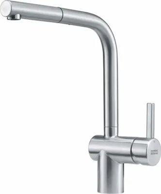 Produktbild von FRANKE Armatur Atlas Vorfenster Neo - Edelstahl, Zugauslauf, Hochdruck, Seitenbedienung rechts
