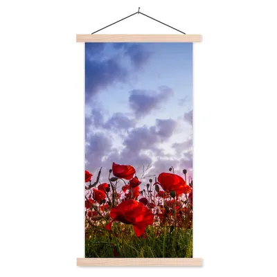 Produktbild von MuchoWow® Textilposter Mohnblumen - Sonnenuntergang - Frühling 60x120 cm mit holzfarbenen Rahmen - Holz