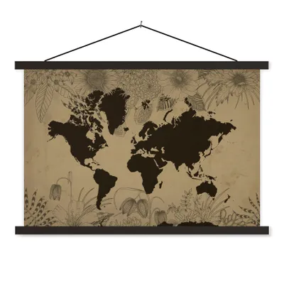 Produktbild von MuchoWow® Textilposter Weltkarte - Vintage - Schwarz 150x100 cm mit schwarzem Rahmen - Schlafzimmer