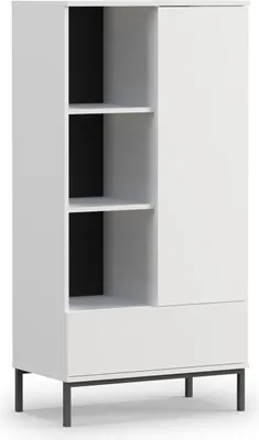 A white bookshelf with black accents and metal legs, shown from a three-quarter angle.