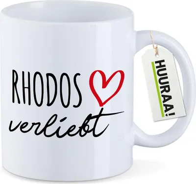 Produktbild von Huuraa Kaffeetasse Rhodos verliebt 330ml Weiß Keramik Kaffeebecher Geschenkidee