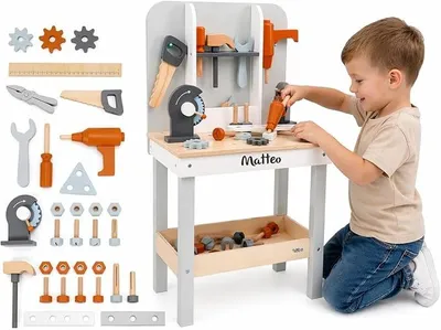 Productafbeelding van Silecomplaza houten kinderwerkbank, gepersonaliseerd – Werkbank met gereedschapset en accessoires – Speelgoed vanaf 3 jaar – Cadeau voor kinderen