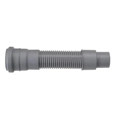 A gray flexible hose with ribbed texture and connectors on both ends, isolated on a white background.