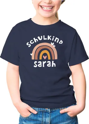Produktbild von Kinder Mädchen T-Shirt Einschulung mit Namen Regenbogen Aufdruck Schulkind personalisiert Schulanfang Moonworks® navy 110-116 (5-6 Jahre)