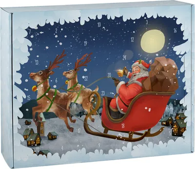Santa Claus in a sleigh pulled by reindeer, with a snowy village in the background, on a Christmas advent calendar.