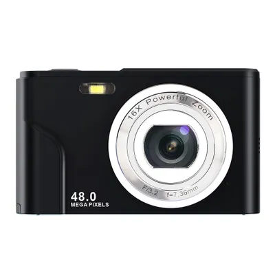 A black digital camera is shown against a white background.