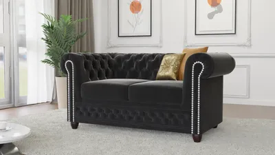 Produktbild von S-STYLE MÖBEL - Nox - Chesterfield 2 sitzer Sofa mit Schlaffunktion aus Schwarz Samt-Stoff mit Holzfüßen, B/T/H: 148 cm / 86 cm / 72 cm