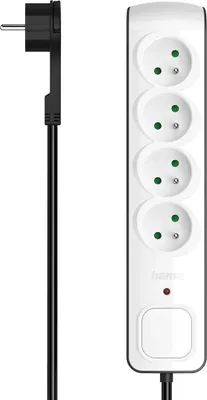 A white power strip with four outlets and a black power cord and plug, shown against a white background.