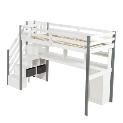 Produktbild von Hochbett mit Schreibtisch und Regal, 90x200 cm, Kinderbett mit Rausfallschutz und Treppe, Jugendbett