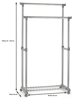Immagine prodotto di Appendiabiti GROSSO, porta abiti mobile, porta abiti con ripiano per scarpe, 2 aste appendiabiti, altezza regolabile, struttura in tubi di metallo cromati
