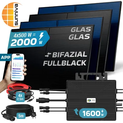 Produktbild von SUNNIVA® 2000W Balkonkraftwerk BIFAZIAL FULLBLACK komplett Steckdose ASTRO-E 1600W Wechselrichter, PV Solaranlage, 5m Kabel, Bluetooth WIFI