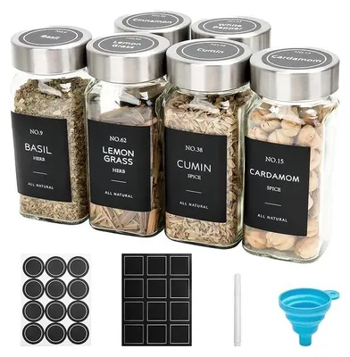 Produktbild von 6er Set Gewürzdosen, 120ml eckige Gewürzgläser aus Glas, Gewürzstreuer Set mit Edelstahl Deckel, Gewürzbehälter, Gewürzaufbewahrung mit Trichter, Etiketten, Für GewürzOrganizer, Schrank, Schublade