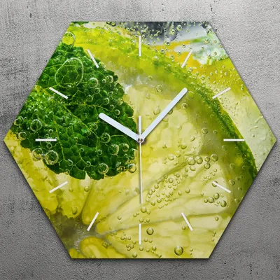 Produktbild von Uhr hexagonal 40 cm Glas Geräuschlos weiße Zeiger - Zitrusfrüchte Frische Zitrone