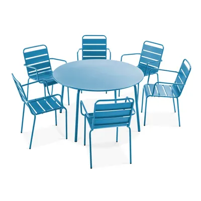 Immagine prodotto di Tavolo da giardino rotondo e 6 sedie in acciaio blu pacifico - Oviala Palavas