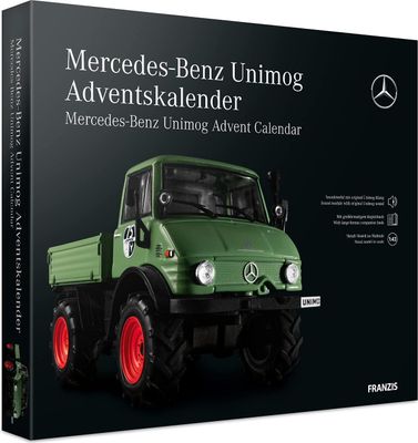 FRANZIS 55406 - Mercedes-Benz Unimog Adventskalender grün, Metall Modellbausatz im Maßstab 1:43, inkl. Soundmodul und 52-seitigem Begleitbuch