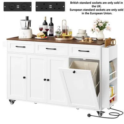 Immagine prodotto di Mobile da cucina a isola - Carrello da cucina su ruote con contenitore per i rifiuti - Piano di lavoro ribaltabile - Credenza in legno - 135x40x88 cm - Bianco