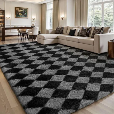 Image de Tapis à poils longs pour salon, dimensions 200x300 cm, couleur gris/noir