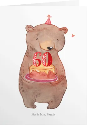 Produktbild von Mr. & Mrs. Panda Geburtstagskarte Bär Torte 60. Geburtstag - Weiß - Geschenk, Herzlichen Glückwunsch, Party, Kuchen, Einladungskarte, einladungskarten, hochzeitskarten
