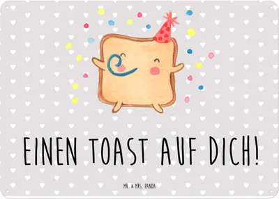 Produktbild von Mr. & Mrs. Panda Schild Toast Party DIN A4 - Grau Pastell - Geschenk, Valentinstag, für Frauen, Freundin, Wandbild, Blechtafel, Mitbringsel, Blechschild, Türschild, tafel