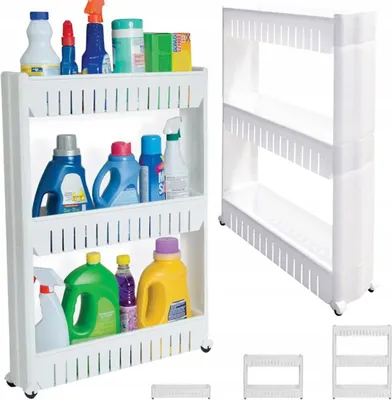 A white three-tier rolling storage cart filled with cleaning supplies, shown next to an empty cart and smaller cart components.