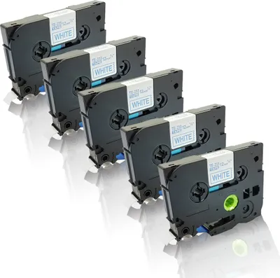 A set of five black label maker tape cartridges arranged diagonally on a white background.