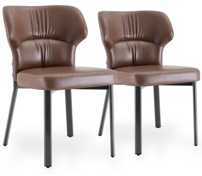 Productafbeelding van Set van 2 eetkamerstoelen van kunstleer, met een brede, gebogen rugleuning en een metalen frame, bruin