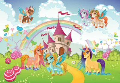 Produktbild von Vlies Fototapete Kinderzimmer Einhorn (416x254cm - 4 Bahnen) Regenbogen Schloss Mädchen Pony Fantasy Märchen Wandtapete Tapete Latexdruck UV-Beständig Geruchsfrei Hohe Auflösung Montagefertig