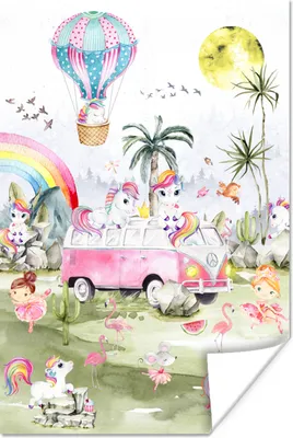 Produktbild von MuchoWow® Poster Einhorn - Regenbogen - Kinder - Mädchen - Auto 40x60 cm - Plakate für die Wand - Poster Babyzimmer