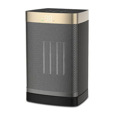 A black and gold ceramic heater with a digital display showing '98'.