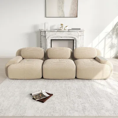 Produktbild von 3-Sitzer Sofa Cord Beige, Modulares Ecksofa rahmenlos, 298x103x70 cm, Wohnlandschaft mit 32D Hochdichteschaum, ohne Montage