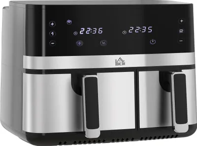 HOMCOM Heißluftfritteuse 8,5L Fritteuse mit Doppelkammer, 8 in 1 Rezeptur, Airfryer mit Antihaftbeschichtung, Touchscreen, Smart und Timer-Funktion, o