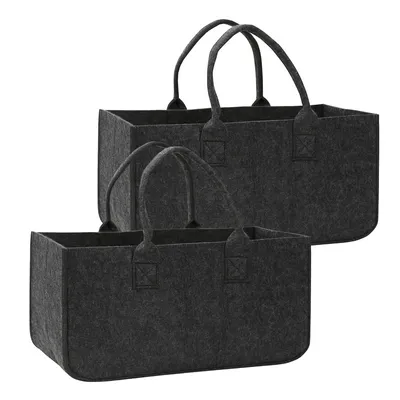 Produktbild von Eikuavons 2x Kaminholztasche Filzkorb 50×25×25 cm, faltbarer Holzkorb für Kaminholz mit Griffen, Dunkelgrau