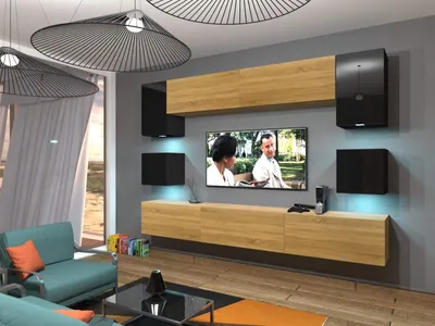 Produktbild von Furnitech Wohnwand Wohnzimmer - Hängend Wohnwand Modern - Wohnzimmer Schrankwand (Nowara AN1-17BD-HGM45 1B)